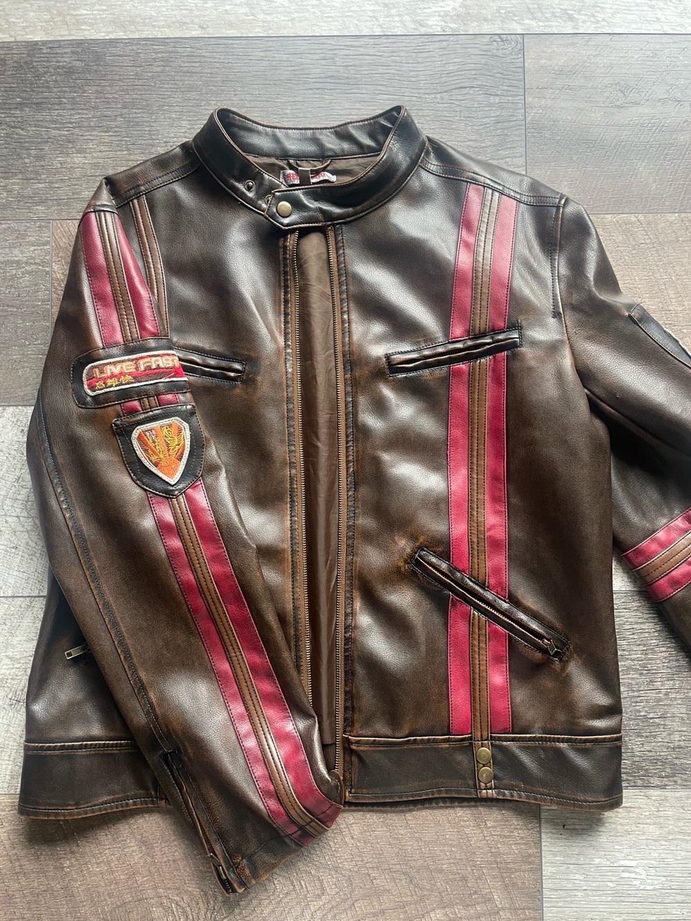 Vintage Redsquad Brown Leather Style Jacket with Red Racing Stripes - size large